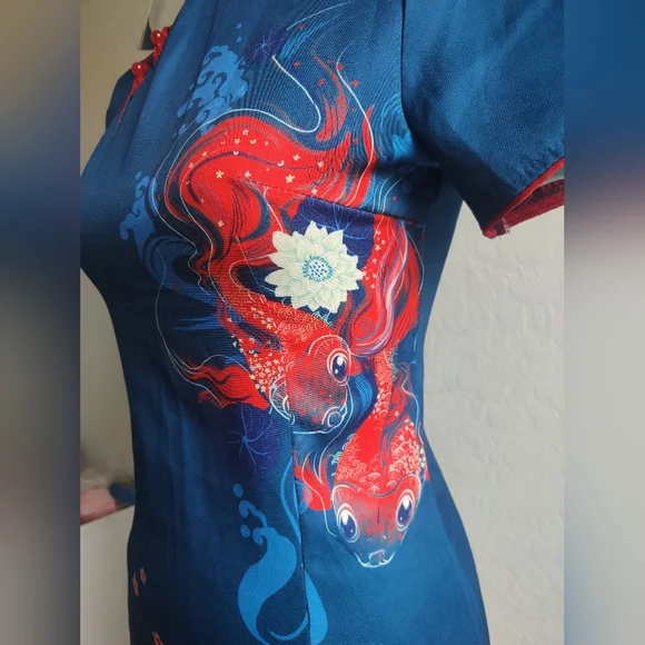 🆕 Authentic Chinese Blue & Red Qipao midi Dress Koi fish cherry blossom fans_Sm - Picture 4 of 11